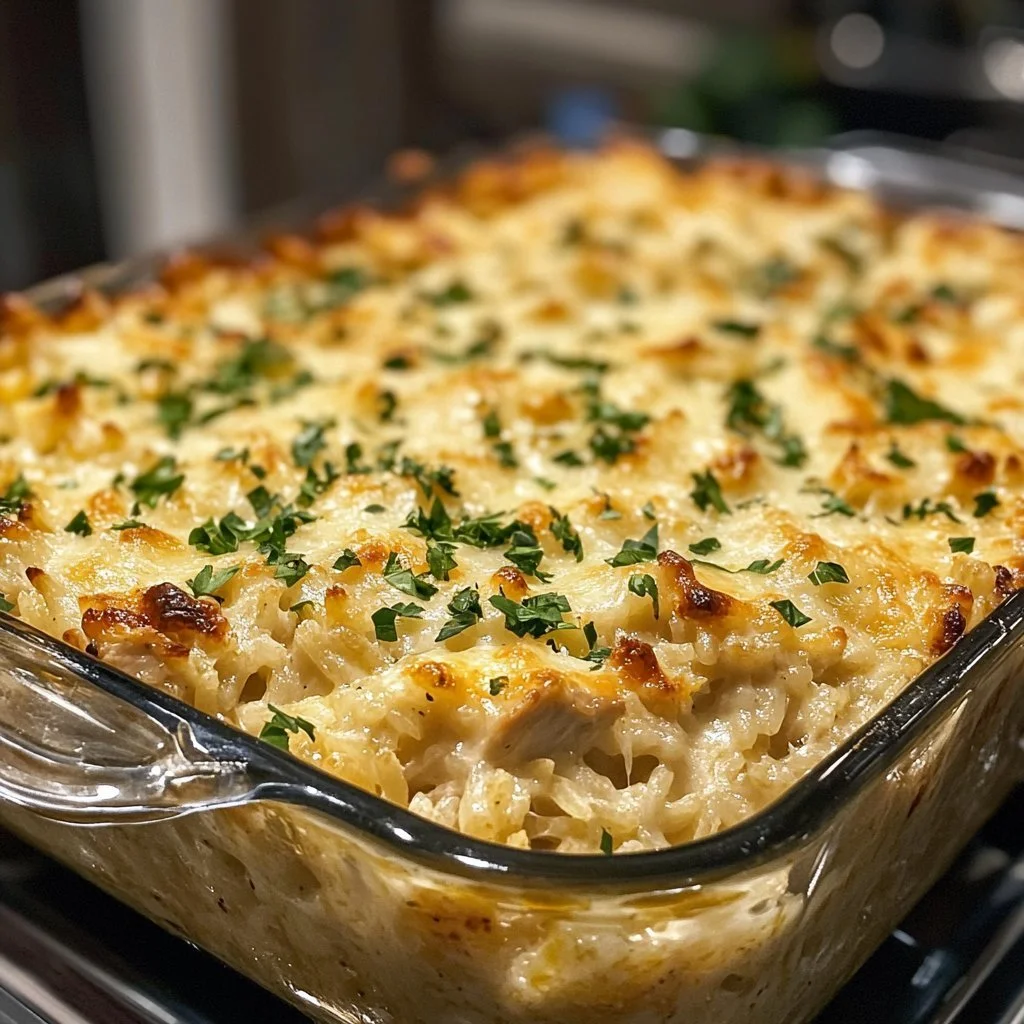 Dump-and-Bake Chicken Alfredo Rice Casserole ready to serve