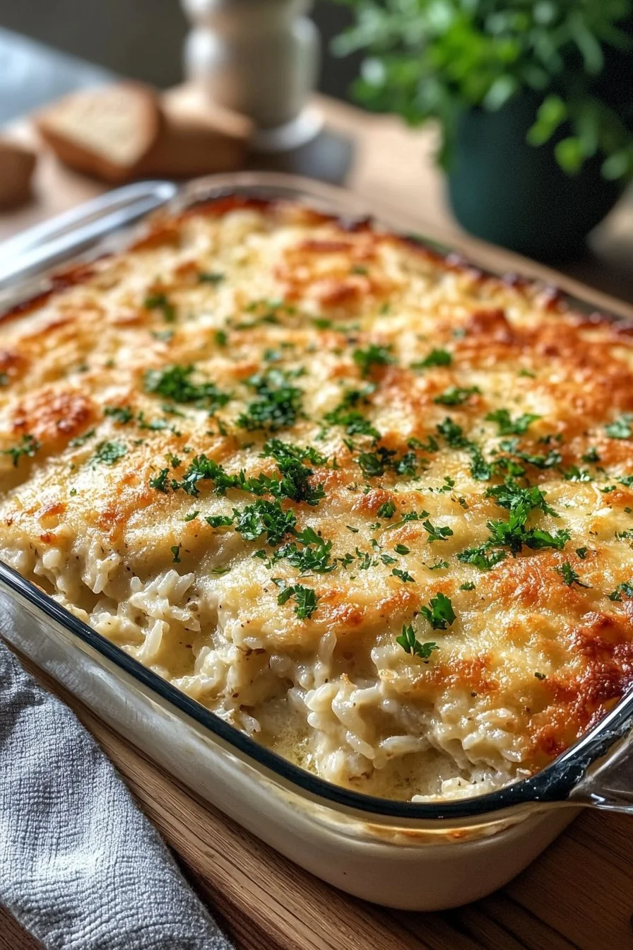 Dump-and-Bake Chicken Alfredo Rice Casserole