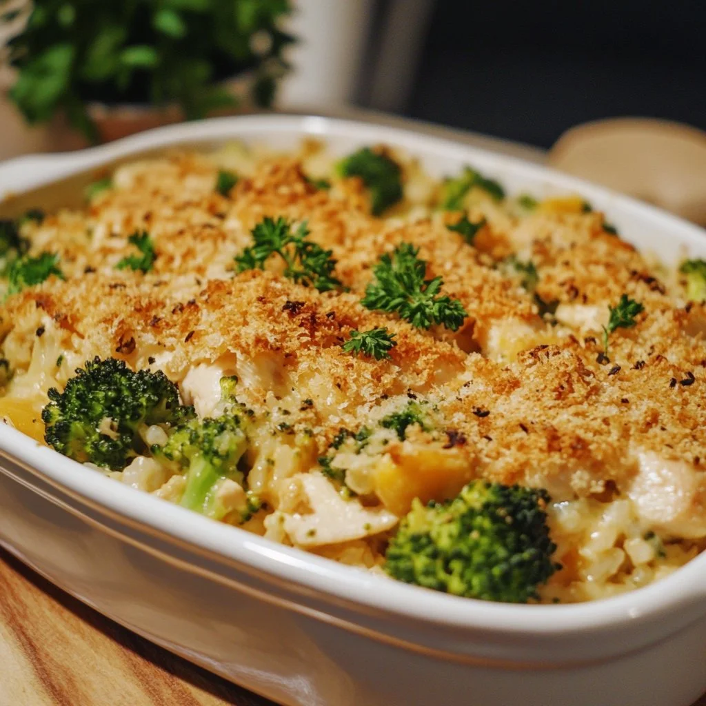 Easy chicken rice casserole with broccoli in a baking dish