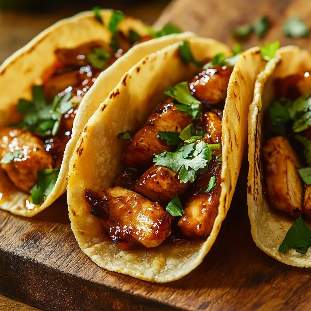 Garlic Butter Honey BBQ Chicken Tacos served with fresh ingredients on a plate