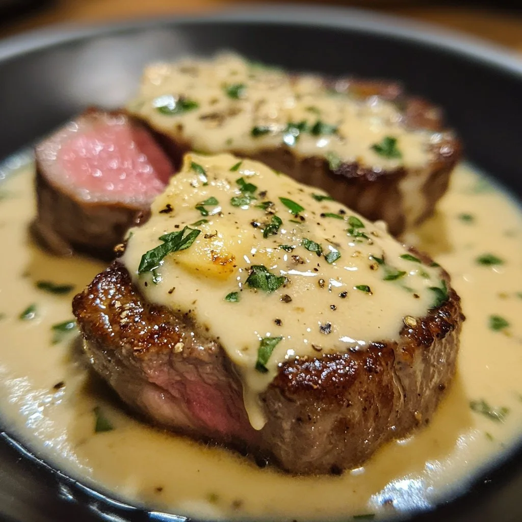 Garlic butter steak topped with creamy parmesan sauce on a plate