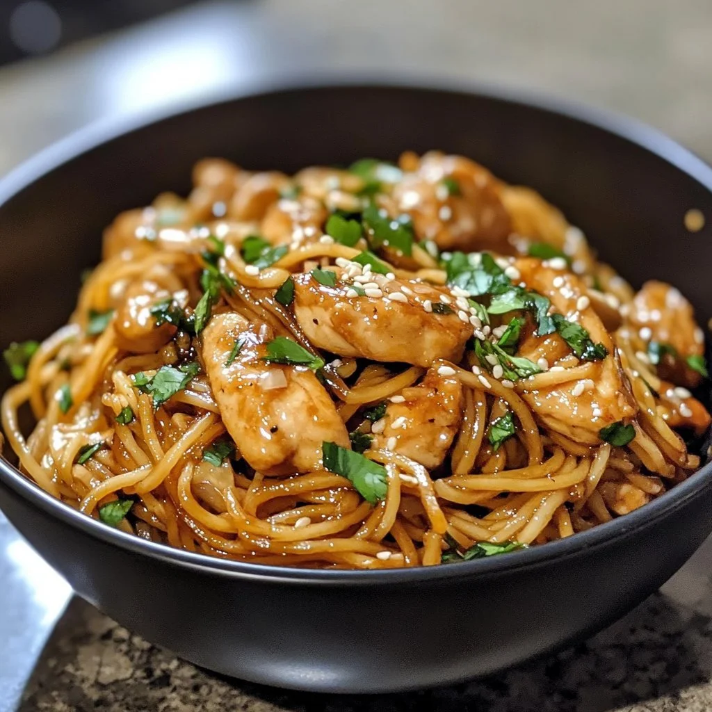 Delicious Garlic Chicken Noodles served in a bowl with fresh herbs and vegetables