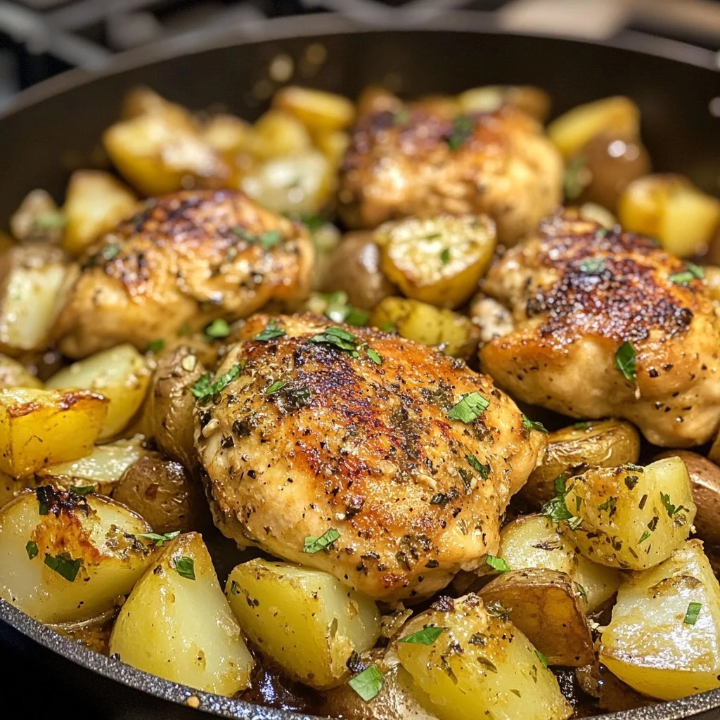Delicious Garlic Parmesan Chicken and Potatoes Skillet served in a skillet dish