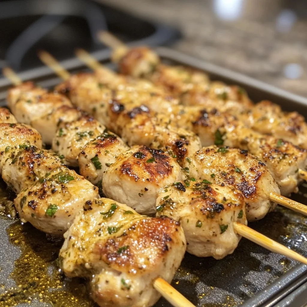 Delicious grilled Garlic Parmesan Chicken Skewers ready to be enjoyed.