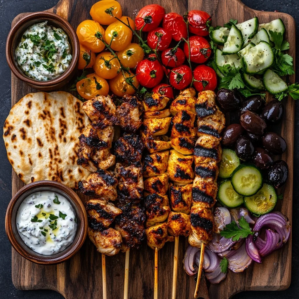 Greek chicken souvlaki grazing board with feta dip and fresh ingredients