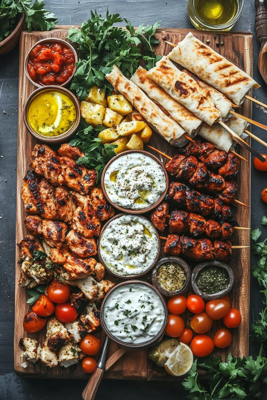Greek Chicken Souvlaki Grazing Board with Feta Dip