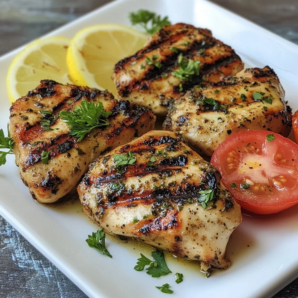 Greek yogurt marinated chicken served with fresh herbs and vegetables