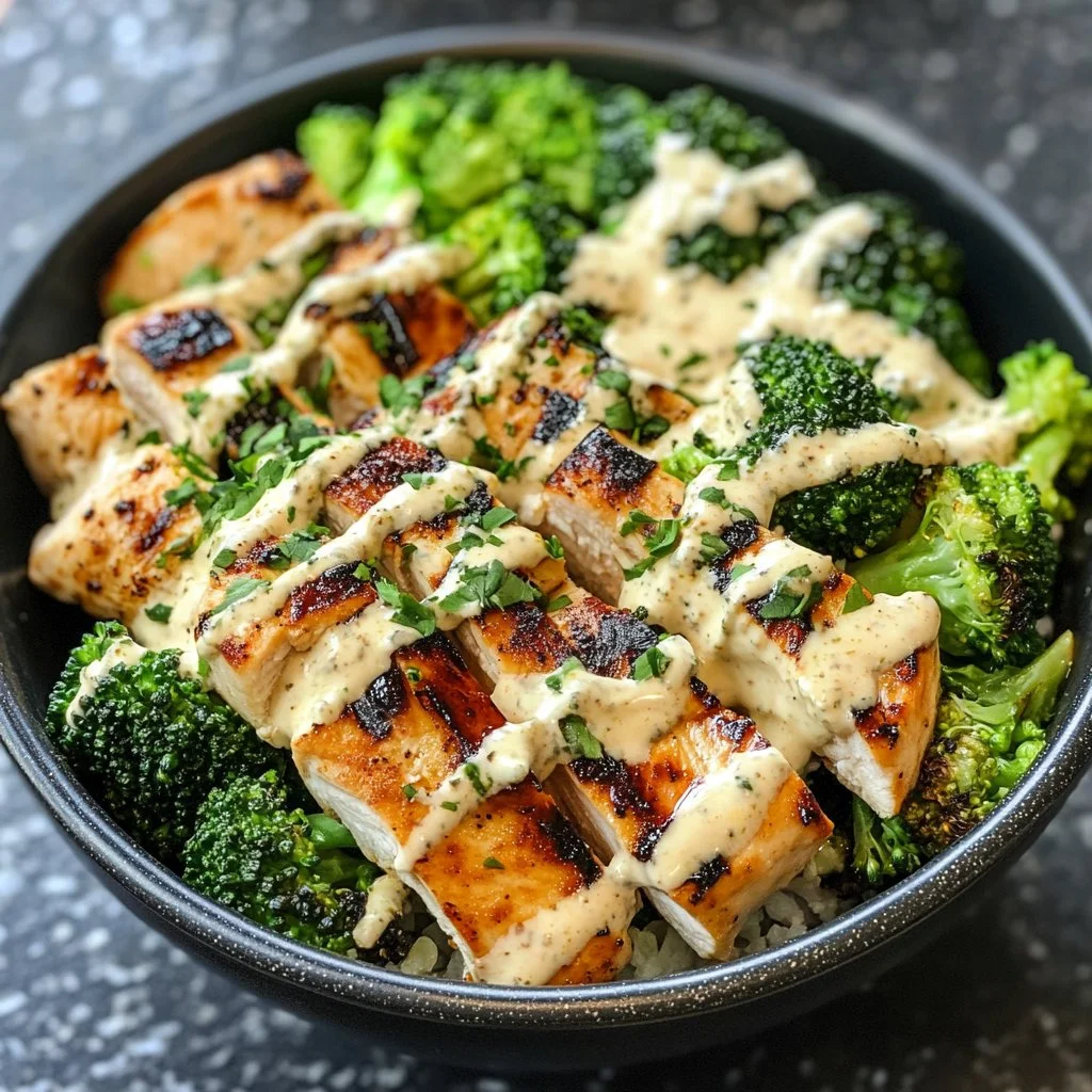 Grilled Chicken and Broccoli Bowls with Creamy Garlic Sauce
