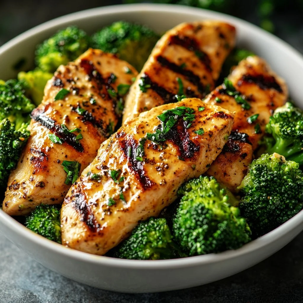 Grilled chicken and broccoli bowls with creamy garlic sauce for a healthy meal