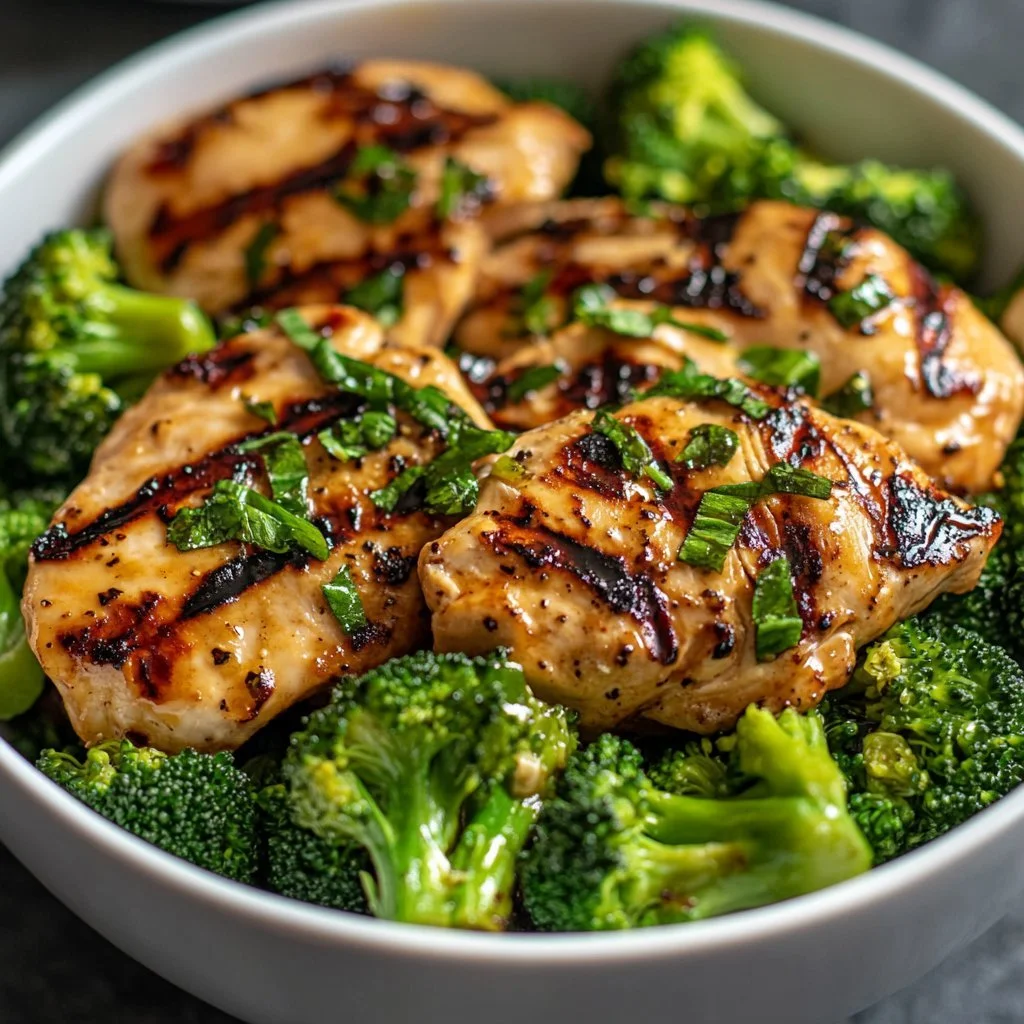 Delicious grilled chicken bowls with broccoli and creamy garlic sauce.