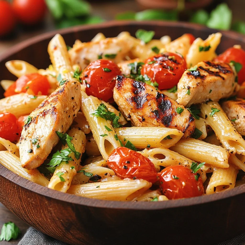 Grilled Chicken Pasta Salad with Balsamic Vinaigrette on a plate