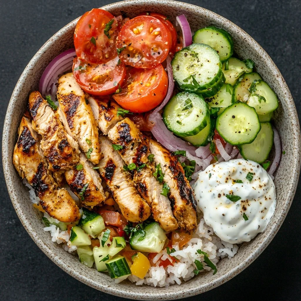 Delicious grilled chicken shawarma bowl with fresh vegetables and spices