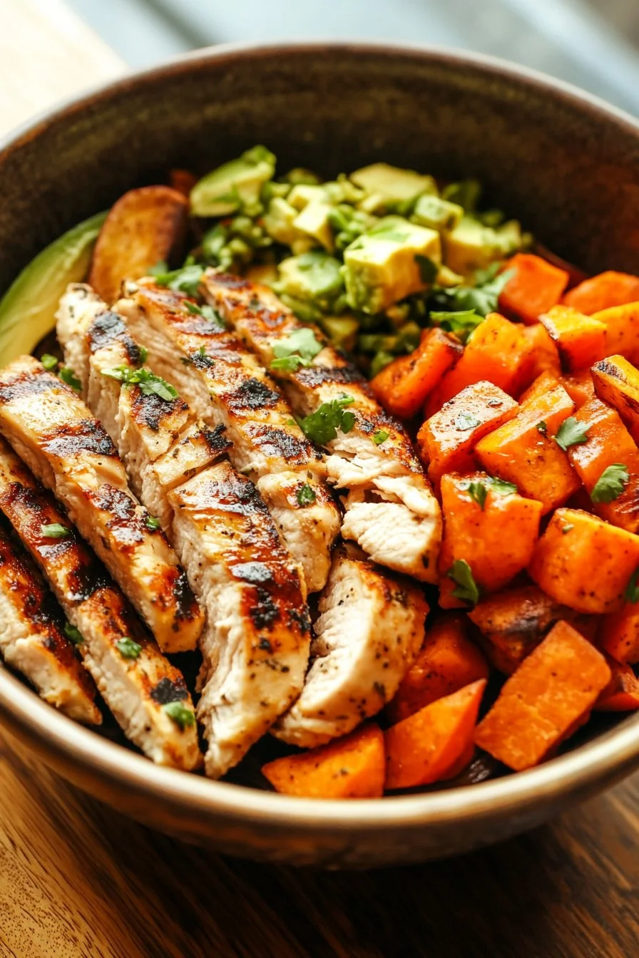 Grilled Herb Chicken Bowl with Sweet Potato Fries & Avocado Salsa