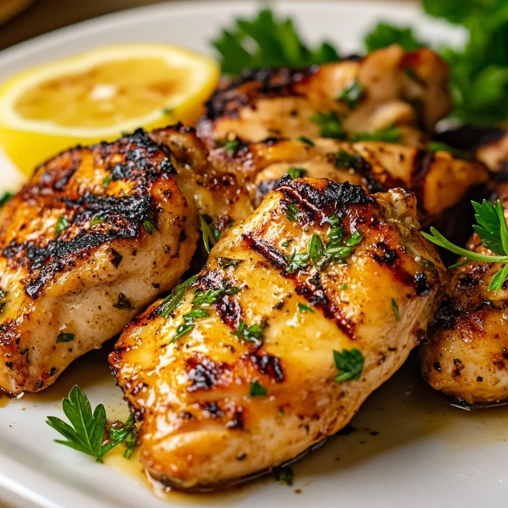 Grilled lemon rosemary chicken garnished with fresh herbs