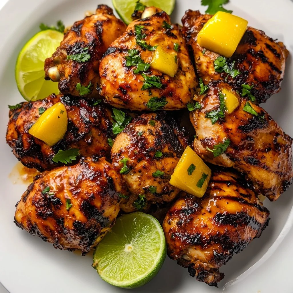 Grilled Mango Lime Chicken with vibrant marinade on a barbecue grill