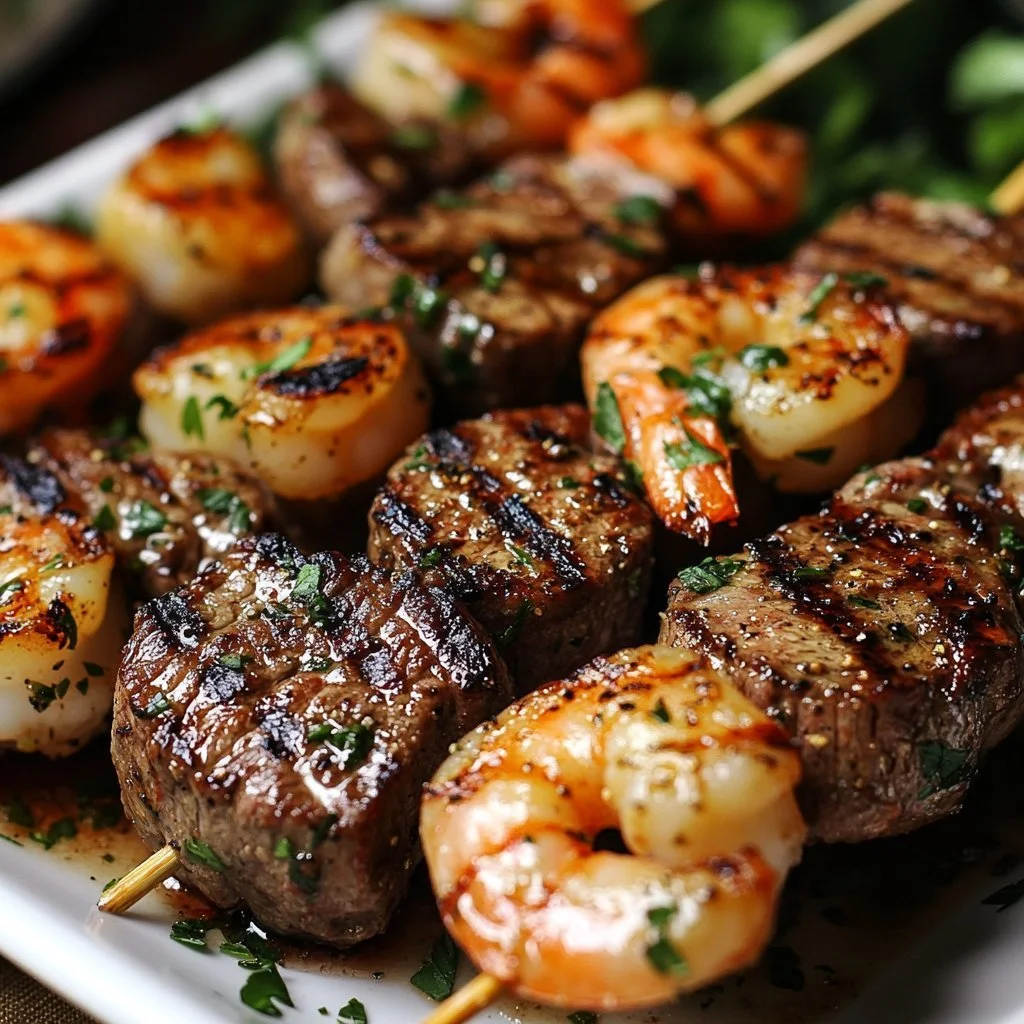 Grilled steak and shrimp skewers drizzled with garlic butter on a plate.