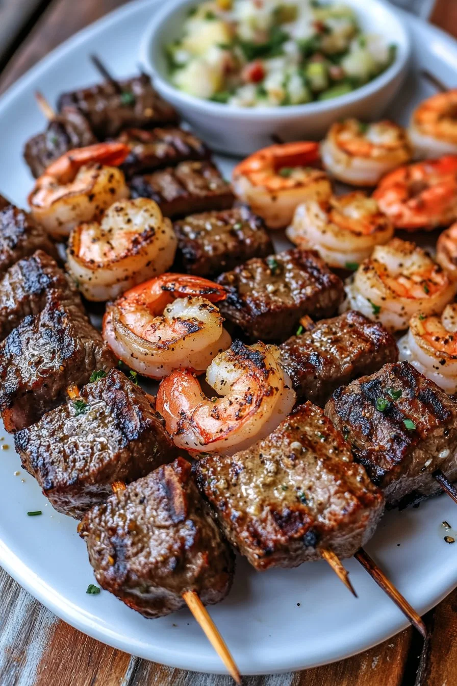Grilled Steak and Shrimp Skewers with Garlic Butter