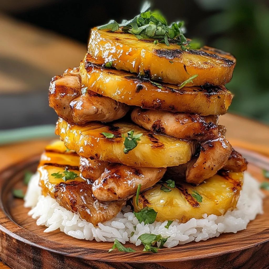 Hawaiian Turn Turn Chicken Stack with vibrant toppings on a plate