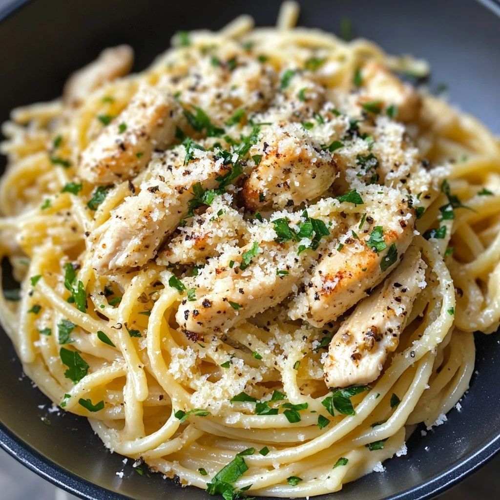 Healthy garlic parmesan chicken pasta garnished with fresh herbs.