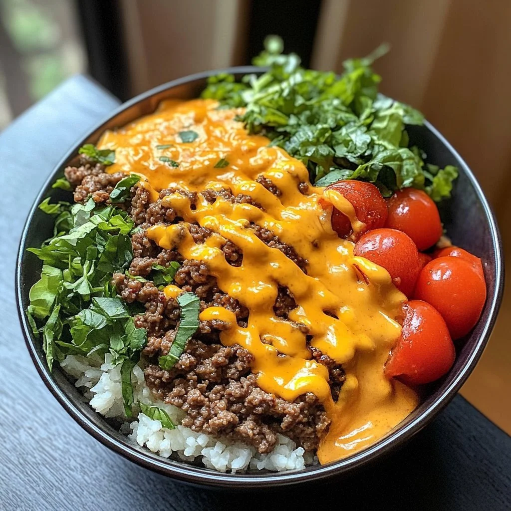 High-protein cheeseburger bowls ready to serve with fresh toppings