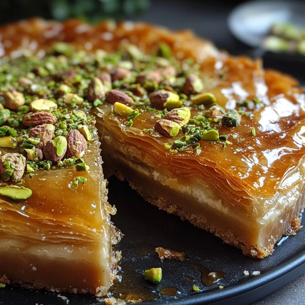 Honey Pistachio Baklava Cheesecake featuring layers of creamy cheesecake and baklava flavors.