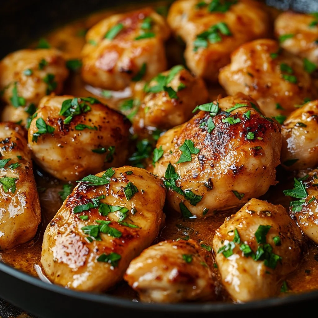 Creamy garlic sauce drizzled over grilled chicken bites on a serving plate.