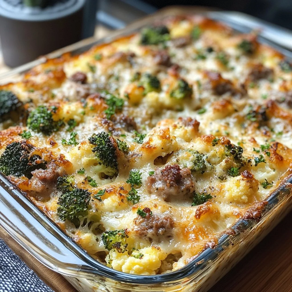 Keto Au Gratin with broccoli, cauliflower, and sausage baked to perfection.