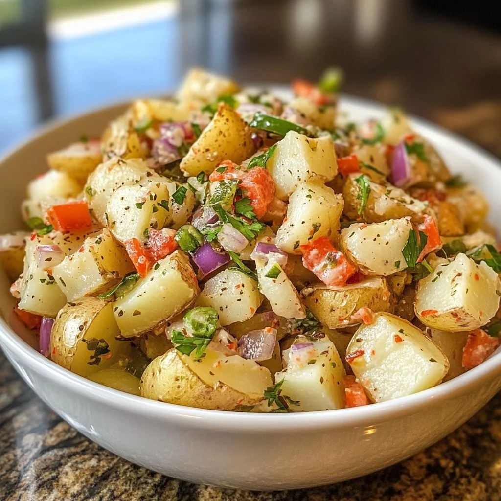 Jalapeno popper roasted potato salad in a bowl garnished with herbs.