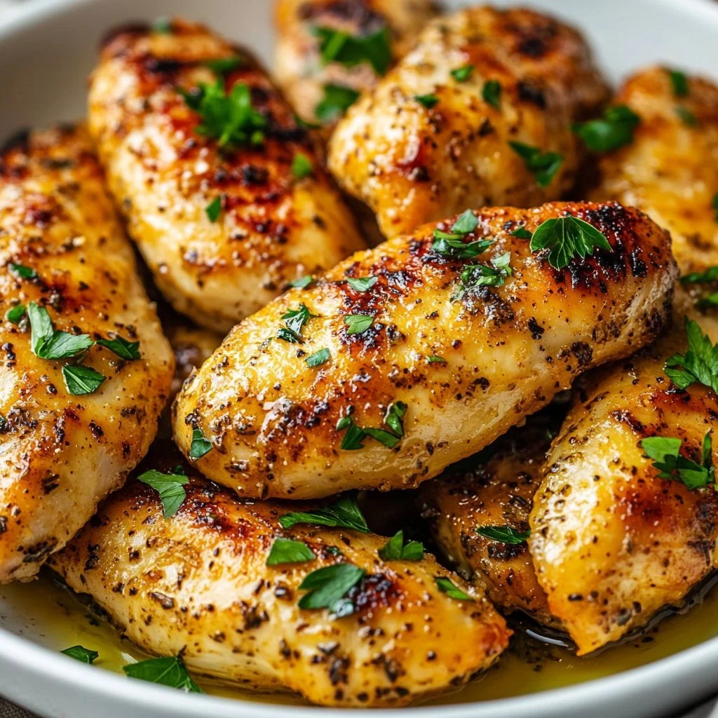 Lemon Garlic Herb Chicken garnished with fresh herbs and lemon slices.