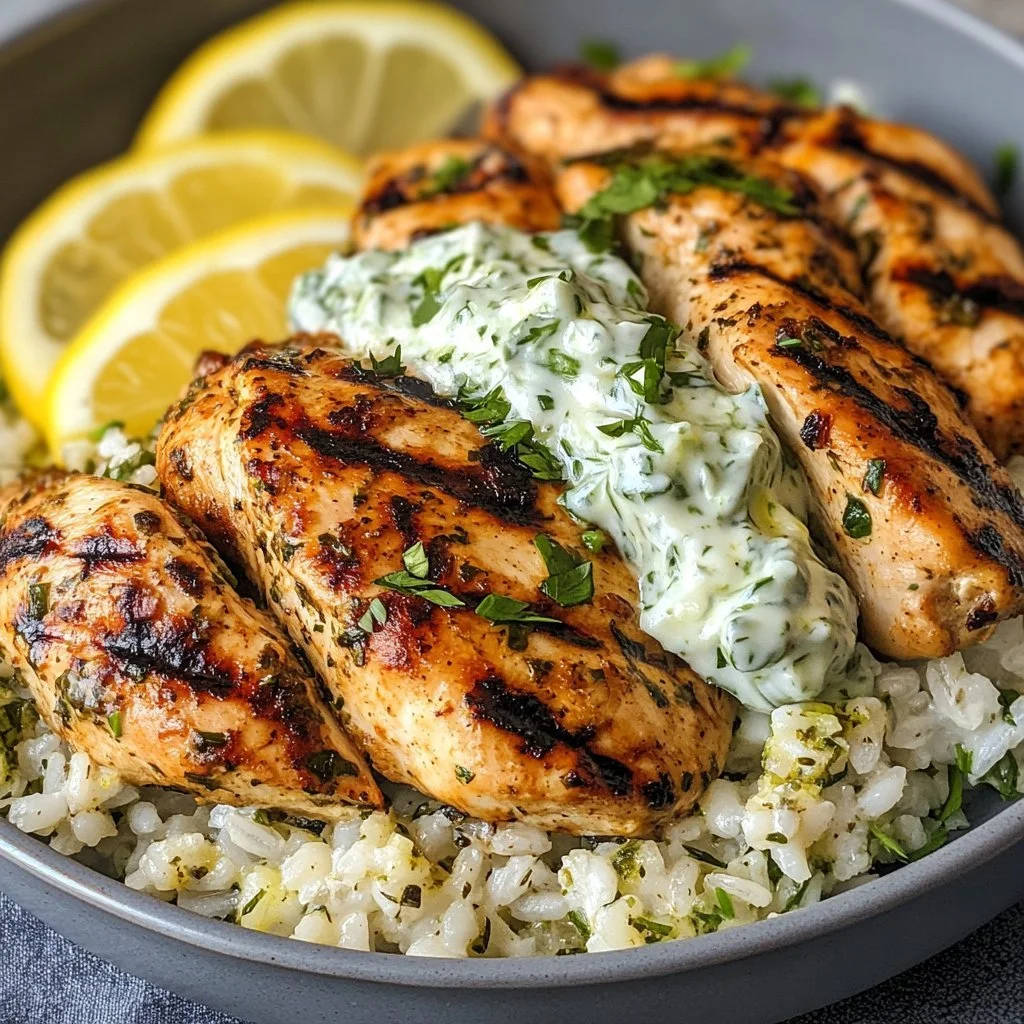 Mediterranean grilled chicken served with fresh vegetables and herbs.
