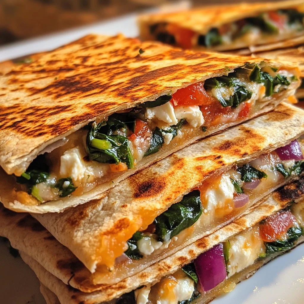 Mediterranean quesadillas with spinach, feta, mozzarella, and red onion on a plate.