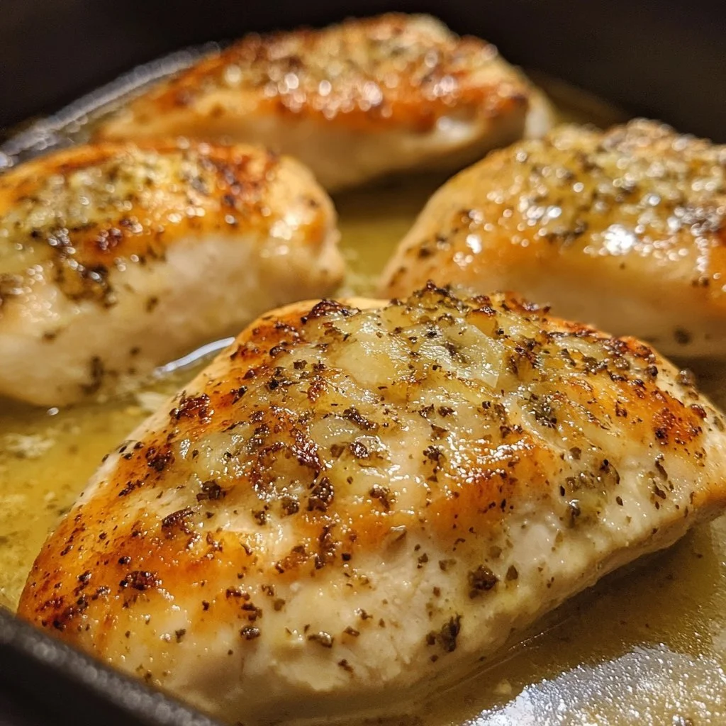 Delicious melt-in-your-mouth chicken breasts on a plate garnished with herbs