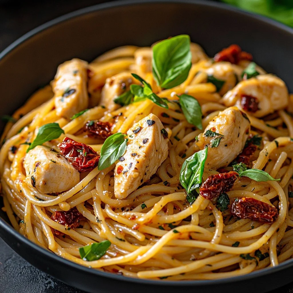 Delicious Monterey Chicken Spaghetti dish with chicken and colorful vegetables.