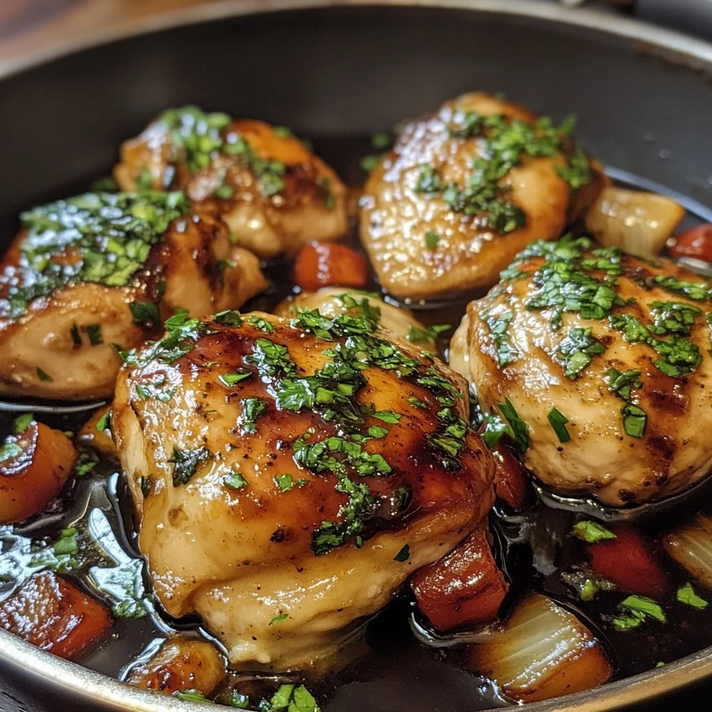 One-pan juicy chicken topped with balsamic sauce, ready to serve.