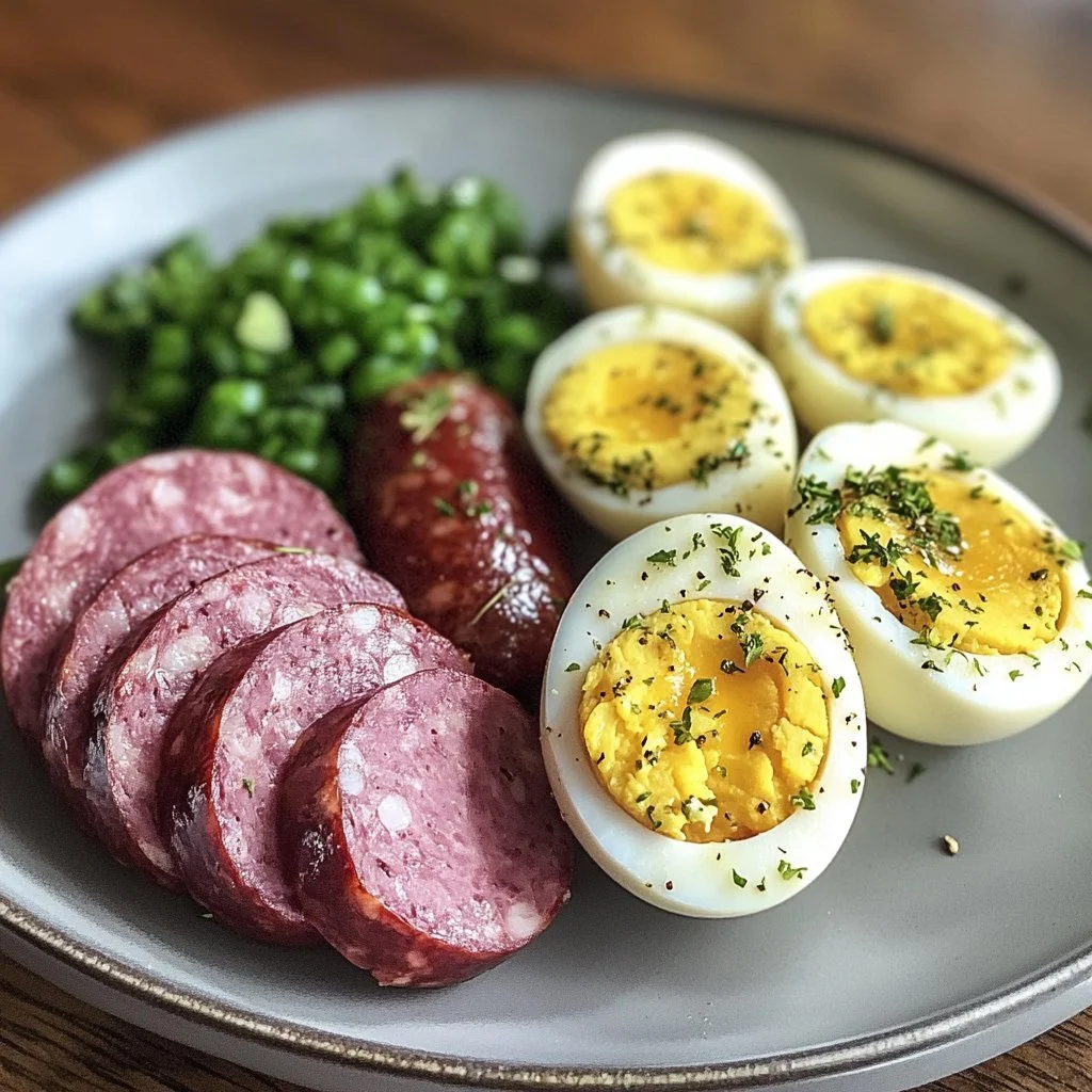 Delicious pickled summer sausage paired with mustard eggs on a serving platter.