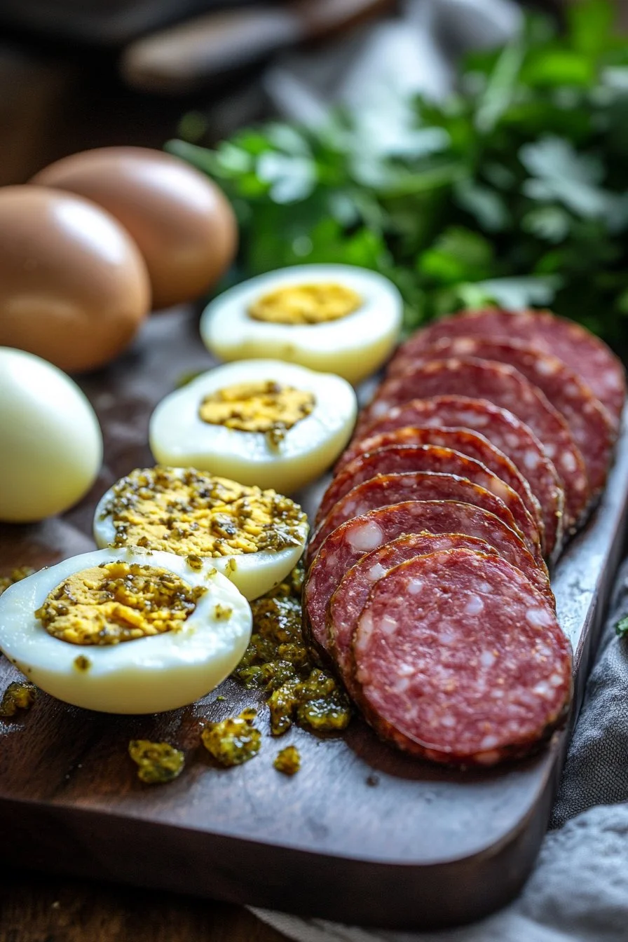 Pickled Summer Sausage with Mustard Eggs