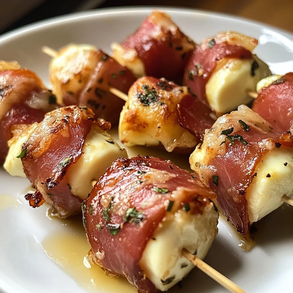 Prosciutto wrapped mozzarella bites on a serving platter