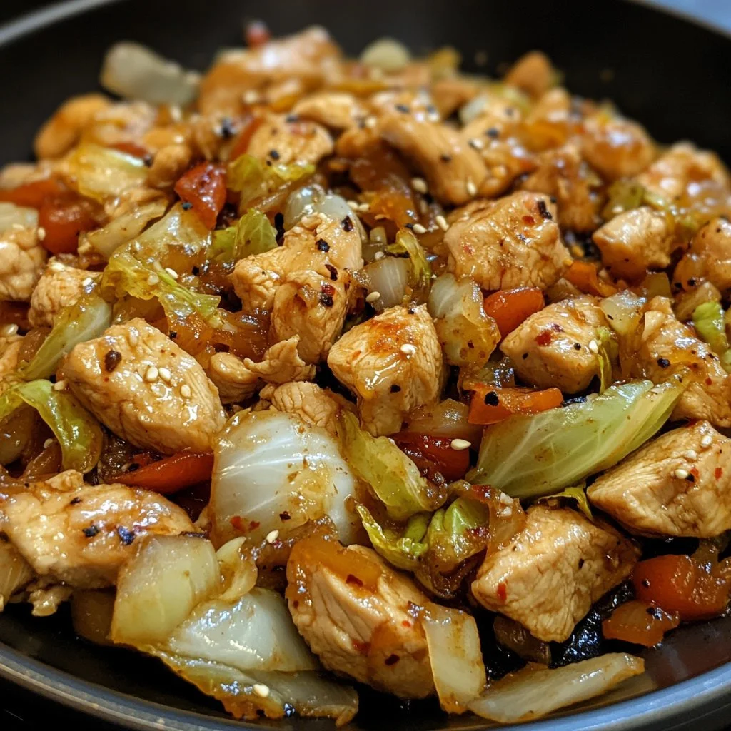 Quick chicken cabbage stir-fry served in a colorful bowl with vegetables.