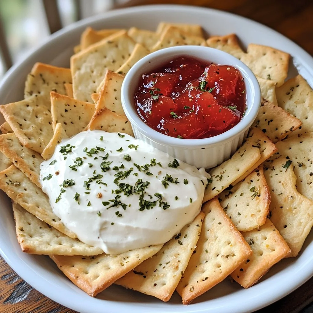 Quick Pepper Jelly Cream Cheese Dip served with crackers for easy appetizers