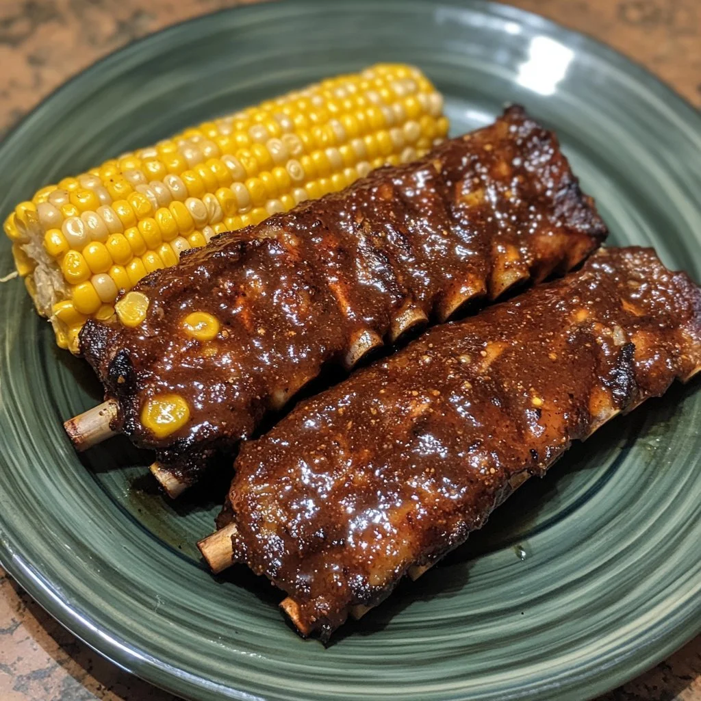 Delicious roasted corn ribs served on a plate, garnished with herbs.