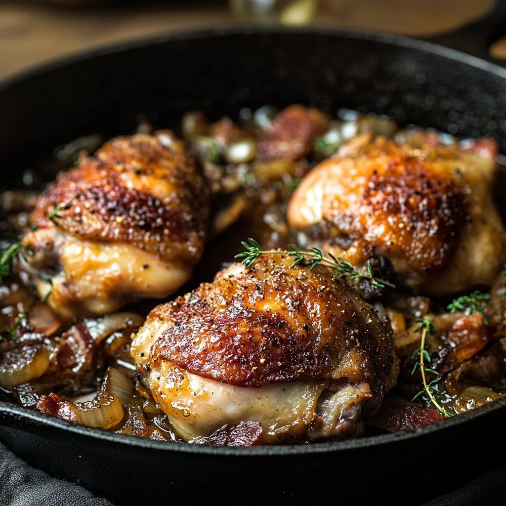 Savory chicken fricassée dish with shallots and bacon served in a bowl.