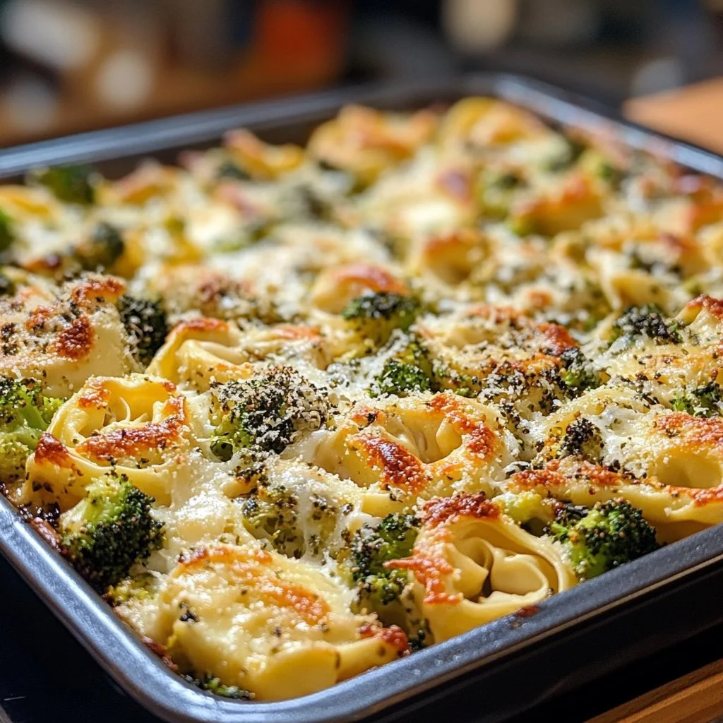 Sheet Pan Broccoli Tortellini Bake with cheese and vegetables on a tray