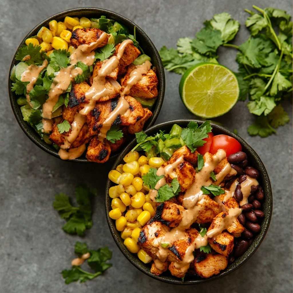 Delicious smoky chicken bowl topped with fresh ingredients.