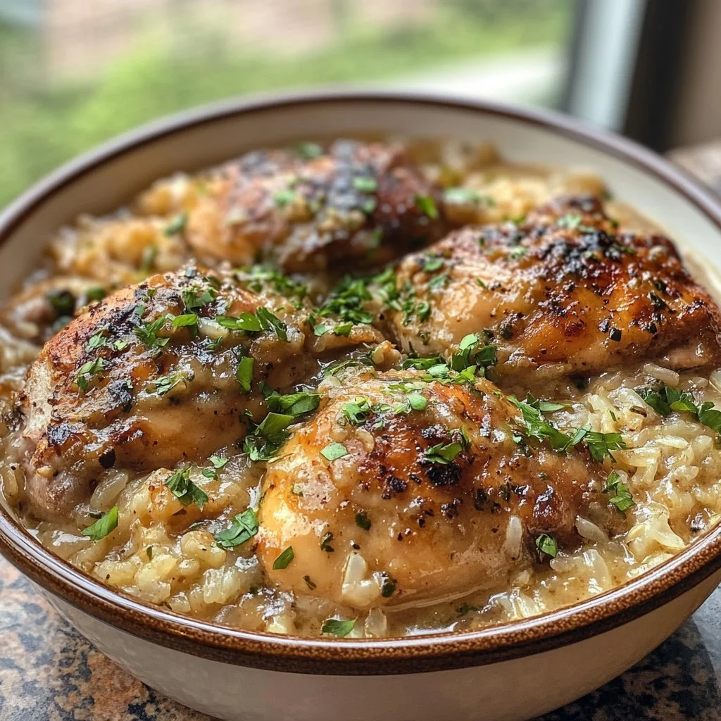 Plate of smothered chicken served with fluffy rice
