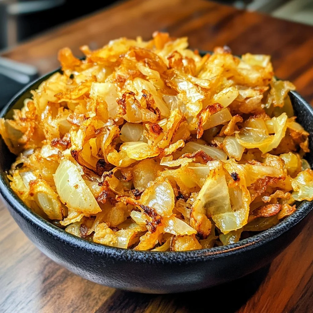 Southern Fried Cabbage 3 Delicious Southern Fried Cabbage with seasonings in a skillet.