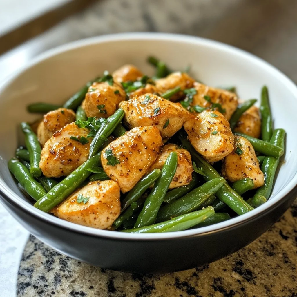 Plate of speedy chicken and green beans ready to serve