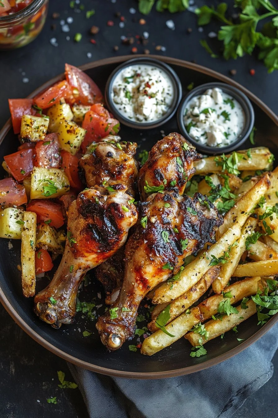 Spicy Grilled Chicken Wings with Fries & Greek Salad