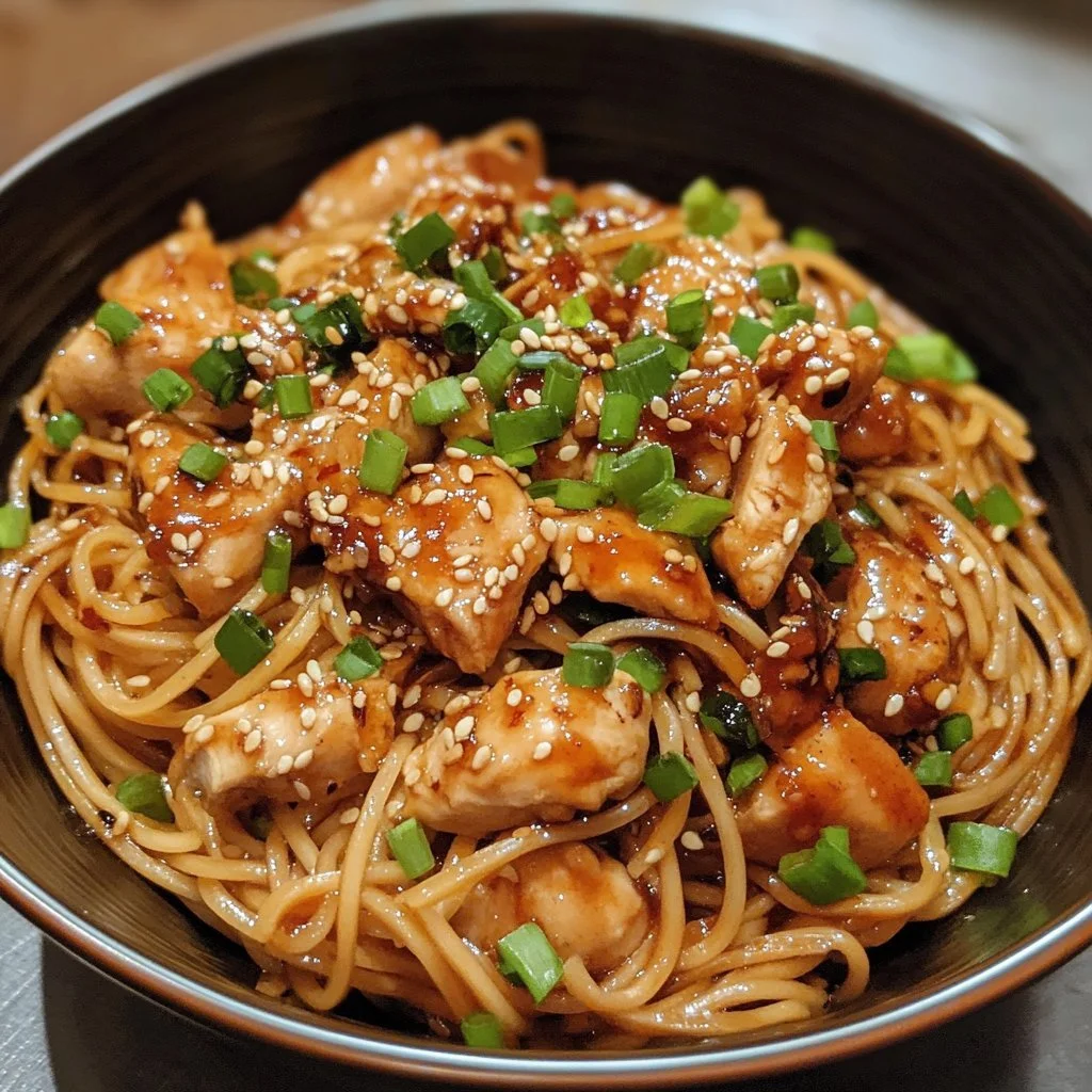 Plate of sticky garlic chicken noodles garnished with herbs