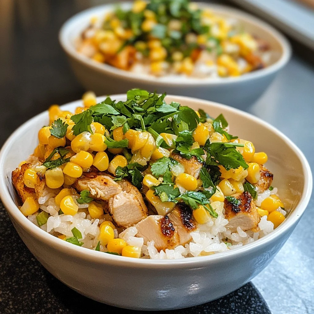Delicious Street Corn Chicken Rice Bowl featuring grilled chicken and corn toppings.