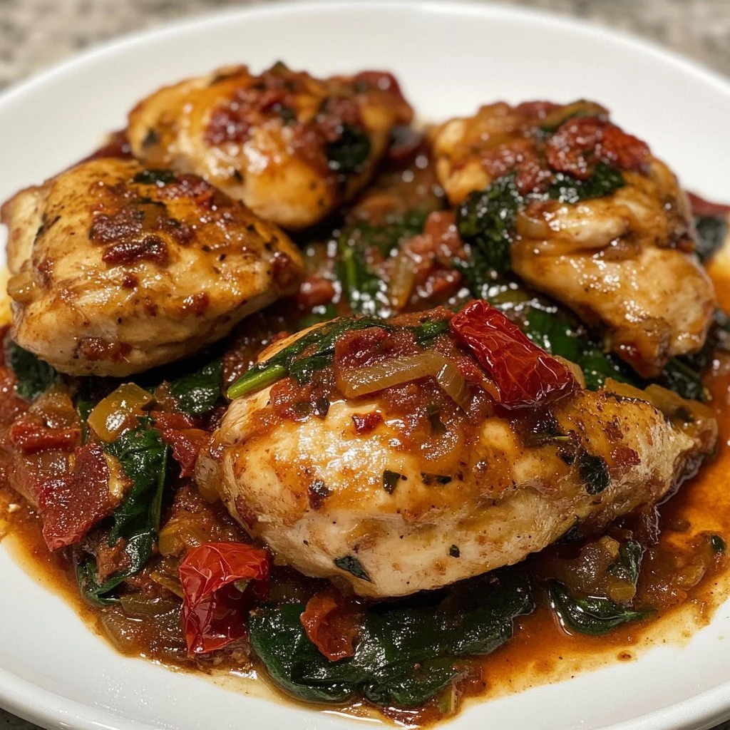 Sundried Tomato Chicken with spinach served on a plate